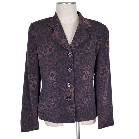 Kasper ASL Blazer Size 10 Brown Black Leopard Print Flap Front Pockets 4 Button - Picture 2 of 10